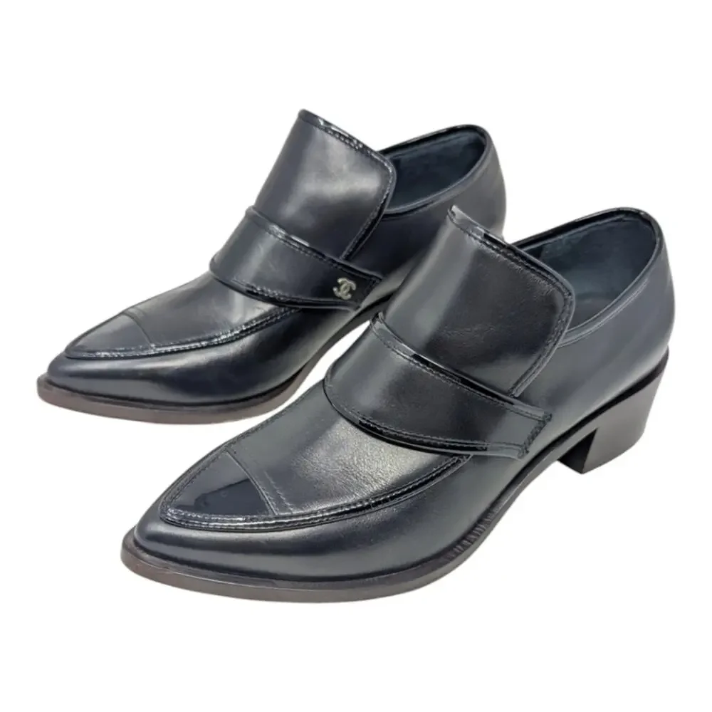 Chanel Loafer CC Logo Captoe Pointed Toe Leather Chunky Heel 36C | 5.5